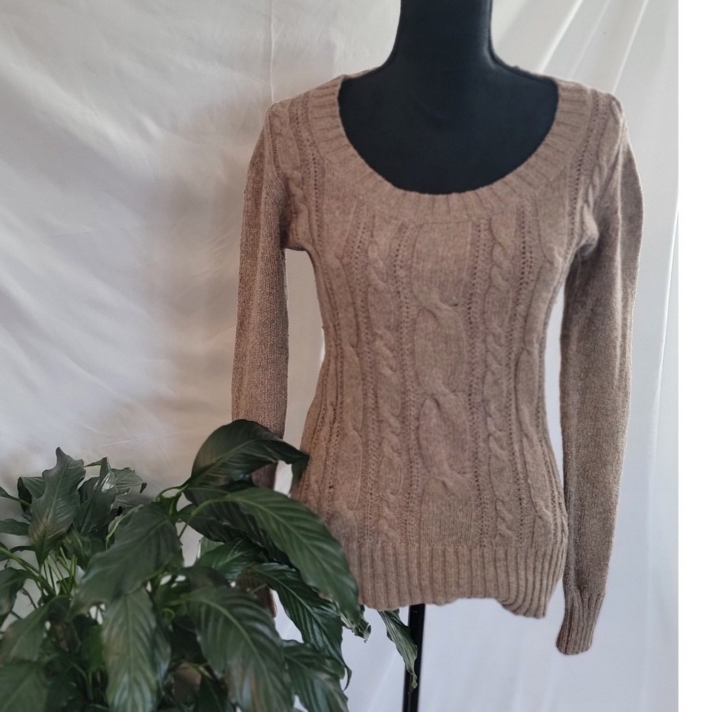 Gap Women Scoop Neck Cable Knit Sweater Taupe Brown Cotton Wool Blend Size S